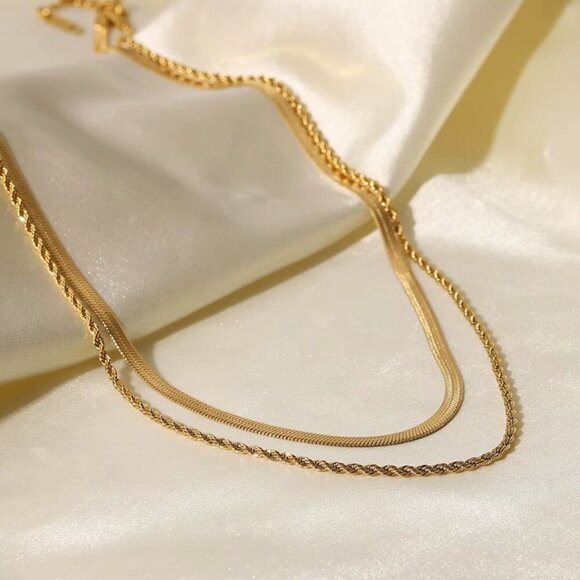 18k Gold Snake Chain & Rope Chain Layered Necklace Minimalist Layer Necklace - Picture 2 of 6